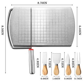 Cheese Slicer Cutter Stainless Steel Cheese Cutter Board with 4 PCS Cheese Knife set with Blade for Block Cheesewith Wooden Handle