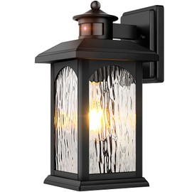 Motion Sensor Outdoor Wall Lantern, Updated Dusk to Dawn Outdoor Lighting, Exterior Light Fixtures, Black Porch Lights & Outside Wall Sconces with Water Rippled Glass for Patio Garage Entryway House