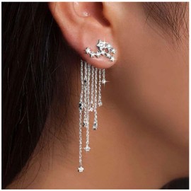 Andelaisi Boho Crystal Star Crawler Earrings Long Star Tassel Chain Earrings Silver Rhinestone Star Climber Earrings Vintage Shooting Star Dangle Earrings Jewelry for Women