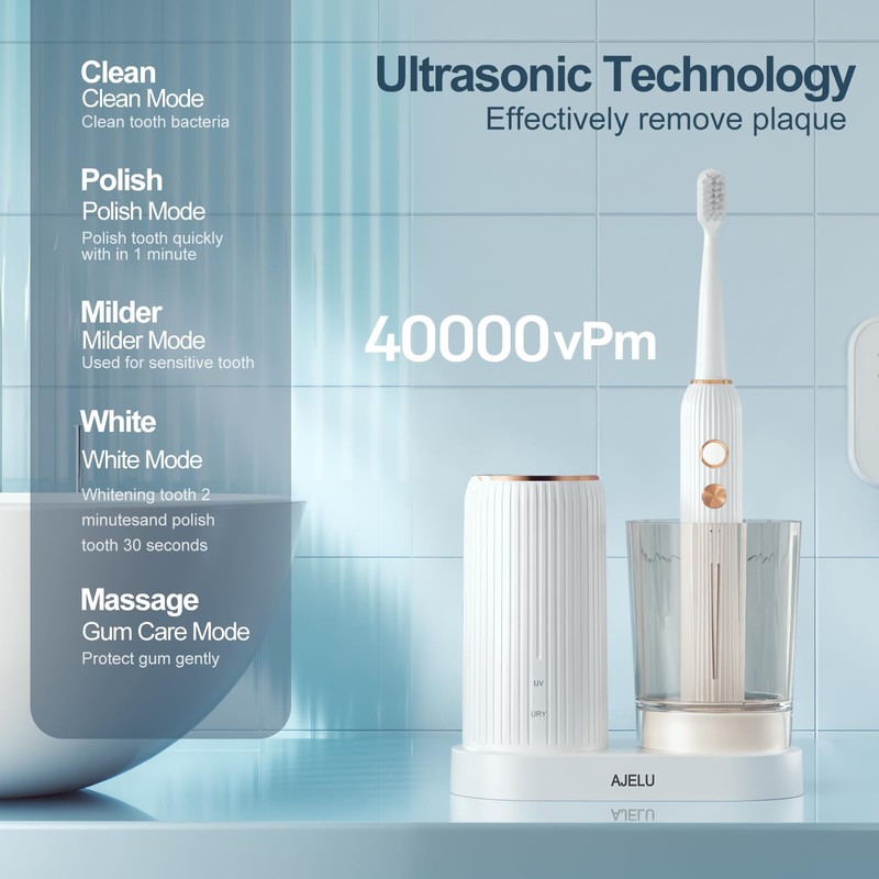 Electric Toothbrush Set with Drying & Sanitizing Holder, 8 Replacement