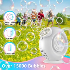 Bubble Machine, Bubbles Blower for Kids Toddlers - 15000+ Bubbles Per Min, 90°/360° Auto Rotation & LED Light, Rechargeable Bubble Maker for Birthday Parties Wedding Outdoor Activities Gifts