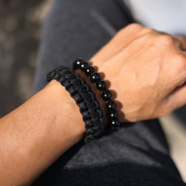 Wizock 10mm Gold Obsidian Beaded Bracelets for Women and Men Protection Outdoor Hiking Camping Survival Paracord Bracelets 2Pcs (Black)