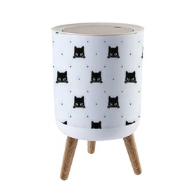 EINGDVPRWEK Trash Can with Lid Black cat Kitten Polka dot Seamless Pattern Press Top Round Small Garbage Bin with Wooden Legs Waste Basket for Kitchen Bedroom Nursery 7L/1.8 Gallon