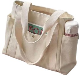 Canvas Tote Bag with Zipper, Beige Black Multi Pocket Shoulder Bag for Women, Medium Handbag Purse for Work (Beige)