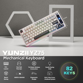 YUNZII YUNZII YZ75 75% Hot Swappable Wireless Gaming Mechanical Keyboard, RGB Backlights, BT5.0/2.4G/USB-C, Dye Sub PBT Keycaps for Linux/Win/Mac(Gateron G Pro Yellow, White)