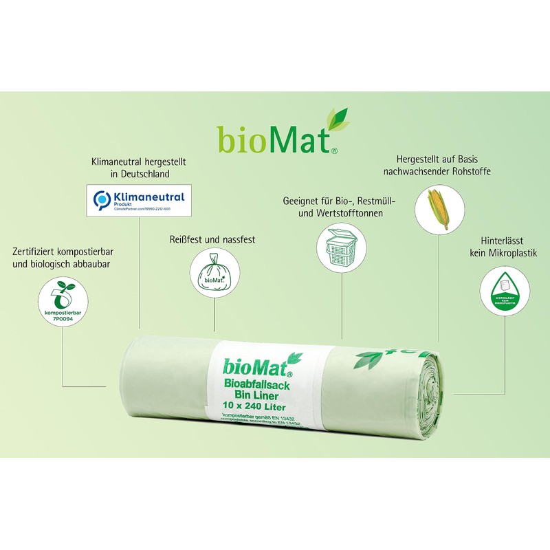 bioMat Kompostierbare 240l Biomüllbeutel, 10 Abfallsäcke für Biotonne, Restmülltonne, Made