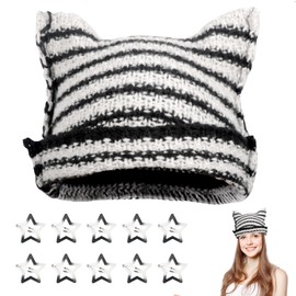 ZHXGO Trendy Knitted Striped Cat Beanie, Cute Warm Y2K Cat Ear Crochet Cap, Vintage Winter Slouchy Fox Ear Hat, Soft Grunge Stripes Wooly Hats with Ears 10 Star Hair Clips for Women Streetwear Black