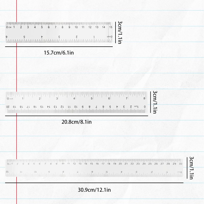 3Pcs Plastic Ruler Set, GLADFRESIT Transparent Straight Ruler Shatterproof Ruler