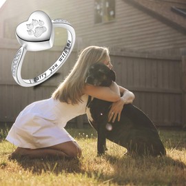 Fookduoduo 925 Sterling Silver Paw Print Urn for Ashes I Carry You with me Cremation Jewelry Dog Cat Claw Urn Finger Ring for Pet Lovers(Silver 7)