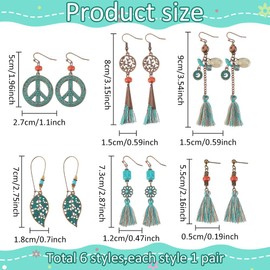 ANATTASOUL 6 Pairs Bohemian Vintage Tassel Earrings Set for Women Hook Earrings Hollow Carved Flower Drop Earrings Double Round Texture Pattern Dangle Statement Earrings Retro Indian, Alloy Steel