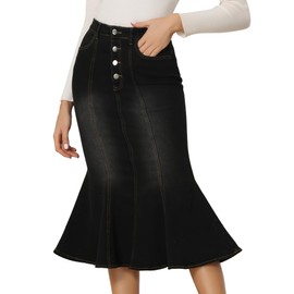 Allegra K Denim Skirt for Women's Washed Fishtail Midi Skirt Medium Black