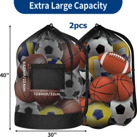 Extra Large Ball Bag,2 Pack Mesh Soccer Ball Bag,Heavy Duty Drawstring Bags for Coaches，Adjustable Shoulder Strap Sports Bag for Holding Basketball，Volleyball，Swimming Gear,Football(30” x 40”)
