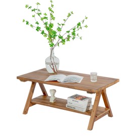 iVilla Farmhouse Coffee Table for Living Room, 2-Tier Solid Wood Coffee Table, Rustic Rectangular Coffee Table with Storage Open Shelf, Natural