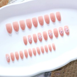 Flower Press on Nails Nude Pink Almond Fake Nails 3D Flowers with Rhinestones Pearl Design False Nails Acrylic Artificial Glossy Glue on Nail Summer Stick on Nail for Women Salon Manicure Decoration