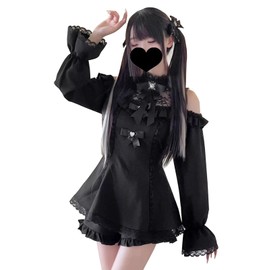 Qichenk hdjtz-black Gothic Choker Neck Dress, Black, Large Size, Off Shoulder, Long Sleeve, Gothic Lolita, Sexy, Simple, Cute, S