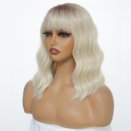 Amarlis Ombre Blonde Curly Bob Wig with Bangs for Women Loose Wavy Blonde Wig Heat Resistant Synthetic Wig for Daily Party Use