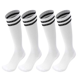 Ottwlli 2 Pairs Soccer Socks for Kids, Striped Knee High High School Uniform Socks for 7 to 13 Years Old Boys Girls. Best for Running, Training as Present for Kids (2 Pairs White)