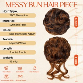 RONTAYA 2PCS Messy Bun Hair Piece Wavy Curly Scrunchies Synthetic Chignon Ponytail Hair Extensions Updo Hairpieces for Women Dark Brown/Light Auburn