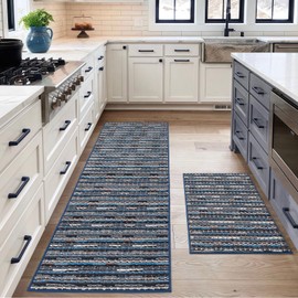 CYMAY Kitchen Mats Set 2PCS-Non Slip Runners for Kitchen Floor-Highly Absorbent Runner Rug Resist Stain Carpet for Hallways Entryway Laundry Room Kitchen（Navy Blue 24"x71"+24"x36"）