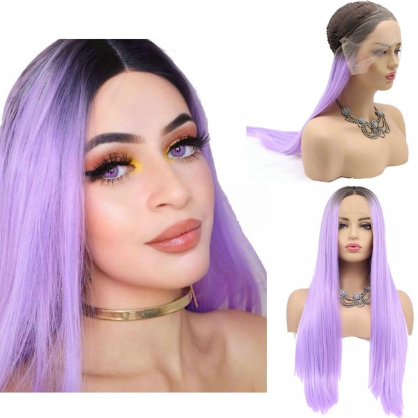 SereneWig Ombre Wig Straight Hair Brown to Pastel Purple Cosplay Wig Light Lavender Ombre Lace Front Wig 22 Inch