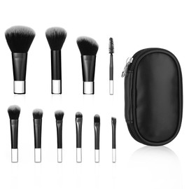 10 PCS Mini Travel Makeup Brush Set with Pouch, Black Portable Travel Makeup Brushes for Foundation Eyeshadow Powder Blush Contour & Concealer