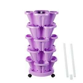 Tectsia Strawberry Vertical Planter GardenTower, 5 Tiered Stackable Planter with Support Pole, Stacking Herb Vegetable Planters Indoor and Outdoor - Purple