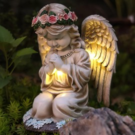 HENGBIRD Solar Angel Garden Figures, Solar Lantern Garden Figures, Gifts for Women, Grave Decoration, Weatherproof Cemetery Garden Decoration, Fairy Angel Sculpture Decoration, Lawn, Yard, Patio,