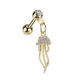 Pierced Owl 16GA 316L Stainless Steel CZ Crystal Paved Jellyfish Dangling Barbell (Gold Tone)