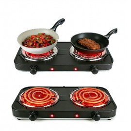 Electric Charcoal Burner Stove, 500W Single Coil Hot Plate Starter with Grill Tongs, 5-Level Temp, Smart Heat Control & Stainless Steel Fast Heating for Cooking top Countertop (3890 Double Black)