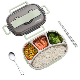 amropi Brotdose aus Edelstahl,Lunchbox mit 2/3/4/5 Fächern,mit Stäbchen und Löffel,Bento Box zum Wandern/Reisen/Schule/Büro (Grün, 4 Fach)