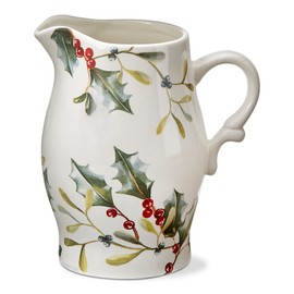 tag Winter Sprig Pitcher Stoneware White with Sprig and Holly, 6.9"L x 5.8"W x 8.25"H, 56 oz, Multicolored