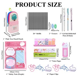 Raheem 35Pcs Cute Pencil Case Beautiful Stationery Set with Pink Tree Pencil Pouch, 3 Gel Ink Rollerball Pens (0.5mm) with 20 Refills, 2 Erasers, 240 Notes Pages, 6 Paper Clips,1 Sticky Note (Pink)