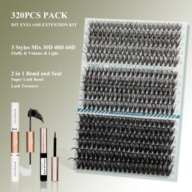 Cluster Lashes Kit 320 PCS Individual Eyelashes 30D+40D+60D Eyelash Clusters Fluffy Lashes 11-20mm Eyelash Extension Kit Natural Lash Clusters Lash Clusters with Bond and Glue at Home-30D+40D+60D