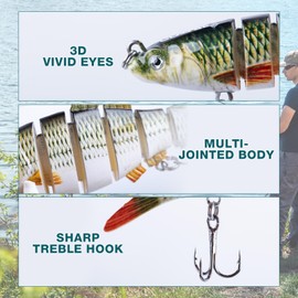 Goture Bass Fishing Lures, Lifelike Jointed Swimbait for Trout Walleye Crappie Pike, Slow Sinking Segment Swimming Bait Fishing Lure for Freshwater and Saltwater, Bass Lures with Tackle Box and Snaps