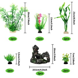 Fish Tank Accessories Aquarium Decorations Plants, 9pcs Green Fish Tank Decorations Plants and Cave Rock Decoration Decor Set, Aquarium Decor Plastic Plants