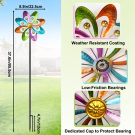 SHUONIVS Metal Wind Spinners Outdoor, 360° Wind Sculpture Spinner with Metal Stake, Waterproof Spinners Green Kinetic Wind Spinner for Yard Lawn Decor (A- Colourful 2PC)