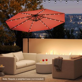 HAPPYGRILL 10 FT Offset Hanging Umbrella with Solar LED Lights, Patio Cantilever Umbrella with Easy Tilt Adjustment, Crank, 360° Rotation, Outdoor Market Umbrella for Pool Garden Deck (Orange)