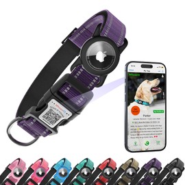 Dog Collar with QR Code, Reflective Dog Collar, Soft Neoprene Padded & Safety Locking Buckle Adjustable Pet Collar (Purple, M-with Airtag Holder)