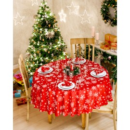 Emma Barclay Christmas Table Cloth, Round Machine Washable Xmas Dining Tablecloth in Red with Silver Snowflake Design - 63" (160cm) Round