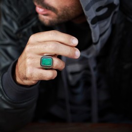 Wisbal Mens Turquoise Viking Ring - Stainless Steel Signet Band - Vintage Biker Jewelry,Size-11