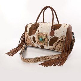 Merbaa Weekender Duffle Bag For Women Large Travel Tote Bag, Cowhide Tooled Harness with Tassel Leather Duffle Bag