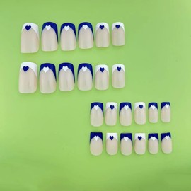 French Tip Press On Nails Fake Nails Medium Short Coffin Square with Nude White Blue Heart Designs Glossy Acrylic False Nails Short Square Glue on Nails Full Cover Thick Stick on Nails for Women Girls 24Pcs CW205