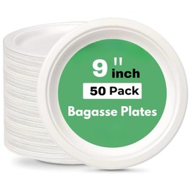 Wrap n Pac 9 inch Round Disposable Biodegradable Bagasse Sugarcane Party Plates Heavy Duty Eco Friendly Tableware Natural Sugarcane Fibre (9 INCH - Pack of 50)