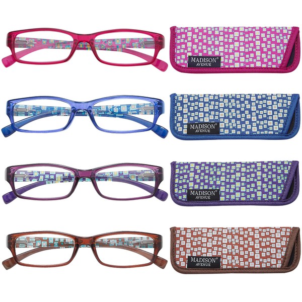 Madison Avenue Paquete de 4 gafas de lectura multicolor con bloqueo de luz azul para mujer con bisagra de resorte +2.75