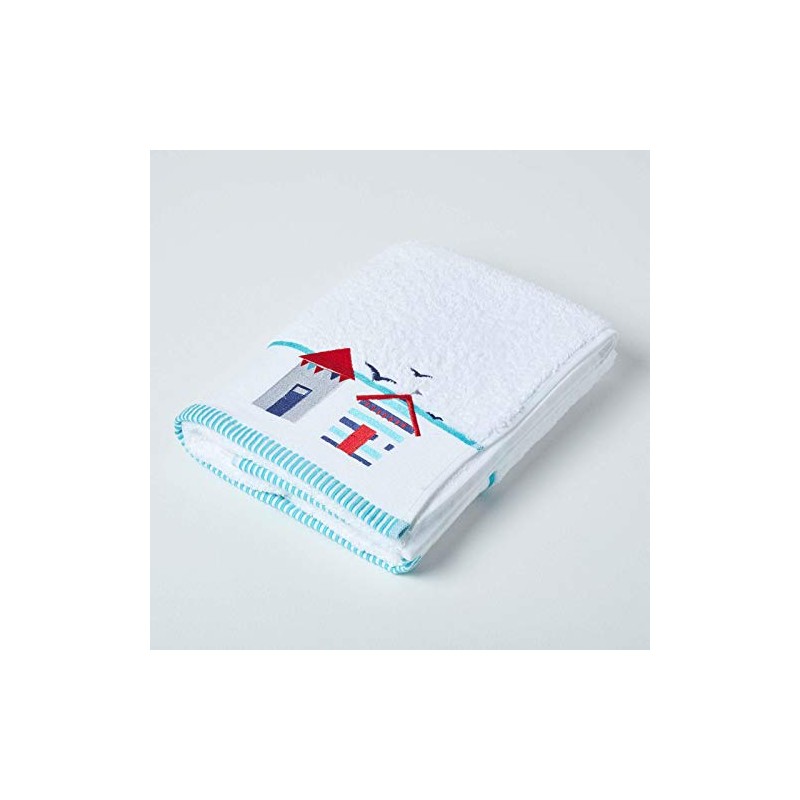 HOMESCAPES Beach Hut Embroidered Bath Towel Blue, Red & White