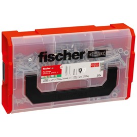 fischer FixTainer SX-Plus Dowels, Screw and Hook Box, Dowel Set with 212 Pieces, for Concrete, Solid and Perforated Building Materials, Practical Tool Box with Carry Handle & Click System, Dowel Set