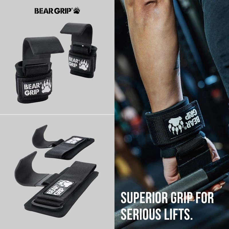 BEAR GRIP Weight Lifting Hooks, Non-Slip Rubberised Grips (Black)