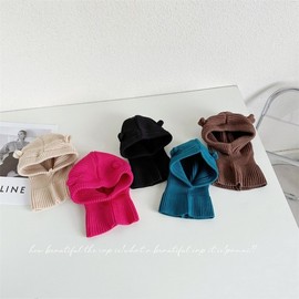 Children's Knitted Balaclava Hat with Integrated Warm Scarf for Fall/Winter lf2109 Free Size/Kids approx. 46-52cm Black 3ea