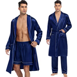 SWOMOG Men's 3-Piece Luxurious Silk Bathrobes Long Sleeve Satin Kimono Robe Sleepwear Set Bathrobes