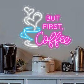 But First Coffee Neon Sign, Large 5 V USB Operated Acrylic Neon Lights with Dimmable Switch and Hanging Chain for Coffee, Cafe, Bar, Party, Living Room Sign Gifts, 35.5 x 28.7 cm (Pink)